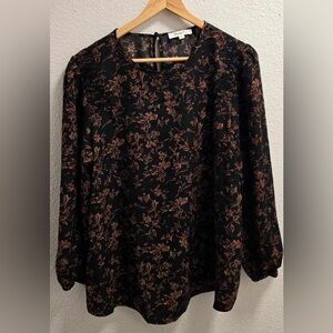 Monday Fun Floral Smocked Shoulder Blouse Women's XL Black/Brown Balloon Sleeve